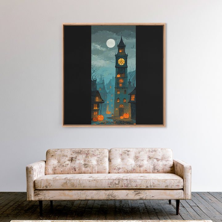 The October Clock Tower - Icon Portrait, Spooky Wall Decor, Square Wall Art, Framed Canvas Print, Halloween Home Decor, Gothic Wall Art