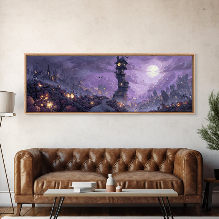 The October Clock Tower - Environmental Panorama, Spooky Wall Decor, Extra Wide Wall Art, Framed Canvas Print, Halloween Home Decor