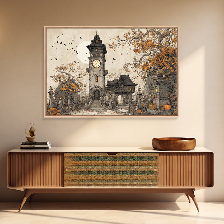 The October Clock Tower - Procession Scene, Dark Fantasy Wall Art, Landscape Wall Art, Canvas Print, Halloween Home Decor, Gothic Wall Art