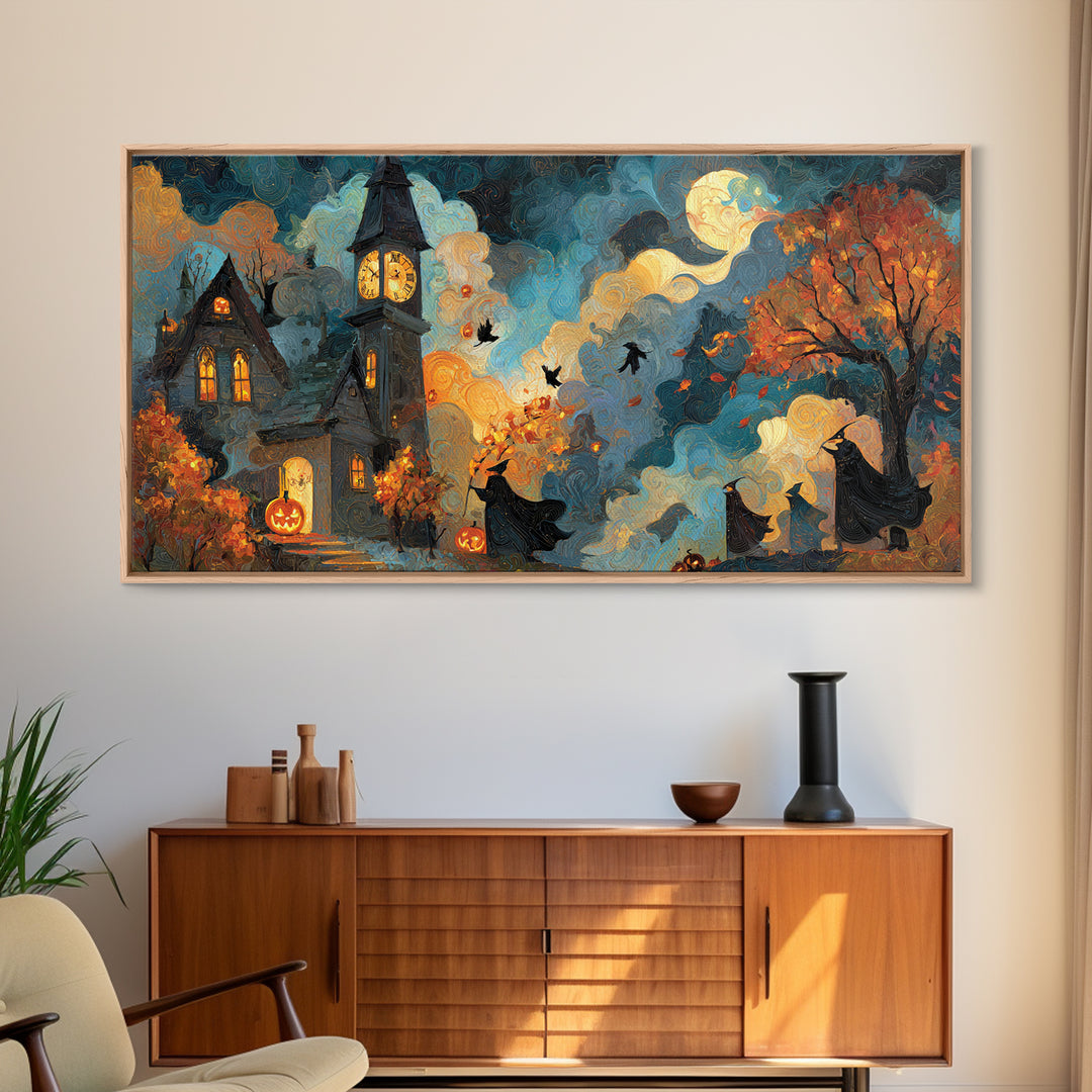 The October Clock Tower - Procession Scene, Halloween Wall Art, Wide Panoramic Art, Framed Canvas Print, Halloween Home Decor