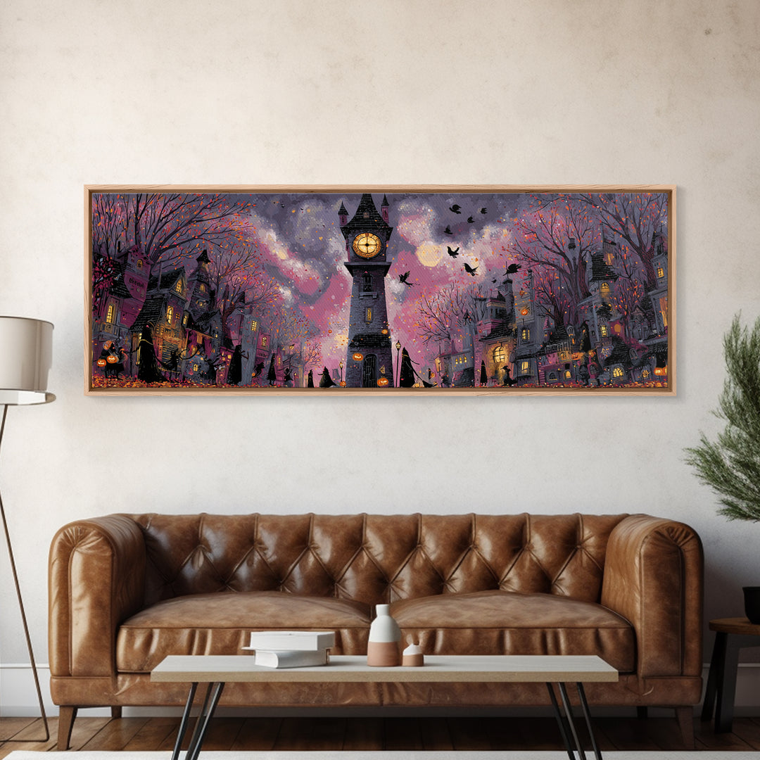 The October Clock Tower - Procession Scene, Gothic Home Decor, Extra Wide Wall Art, Canvas Print, Halloween Home Decor, Gothic Wall Art
