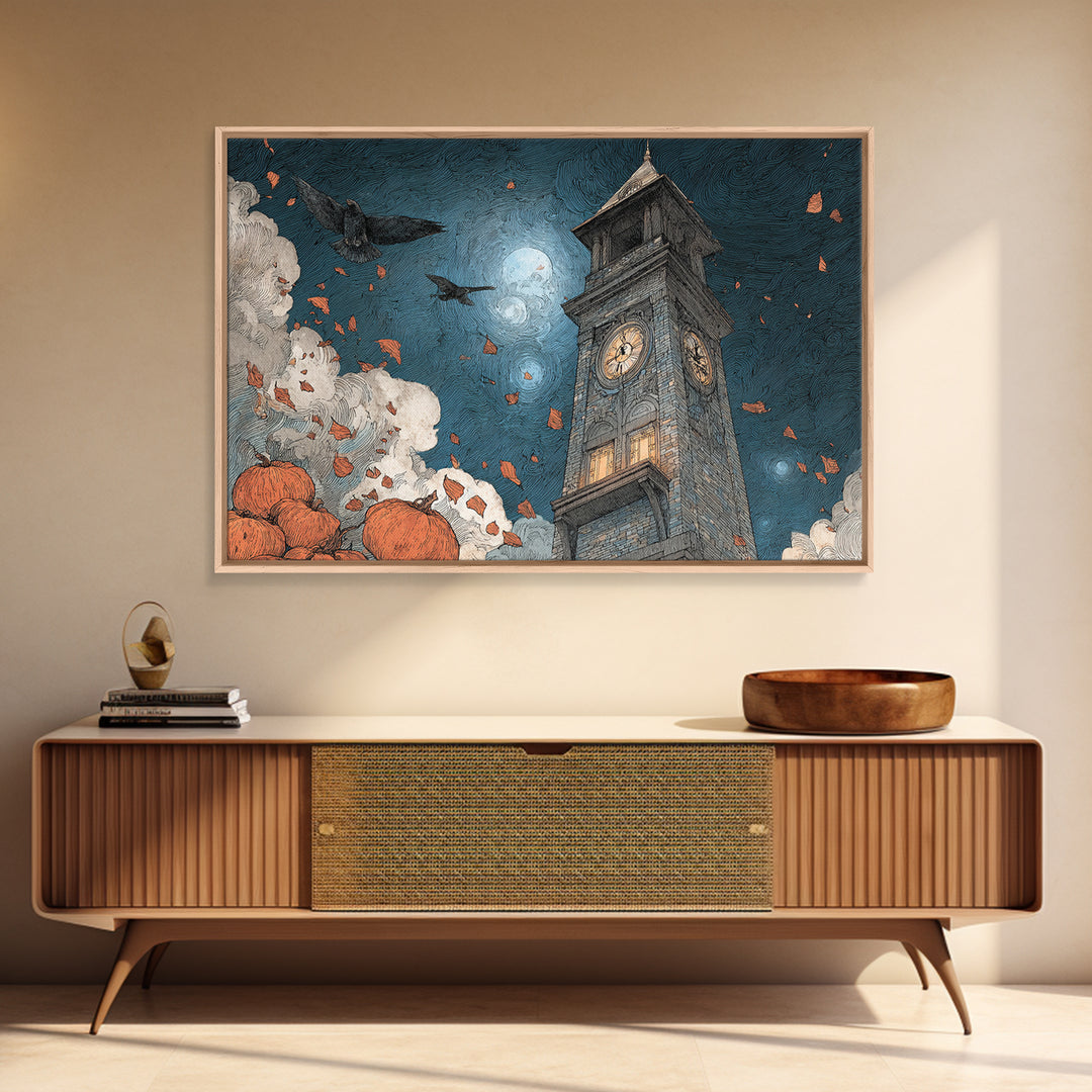 The October Clock Tower - Surreal Celestial Vision, Halloween Wall Art, Landscape Wall Art, Framed Canvas Print, Halloween Home Decor