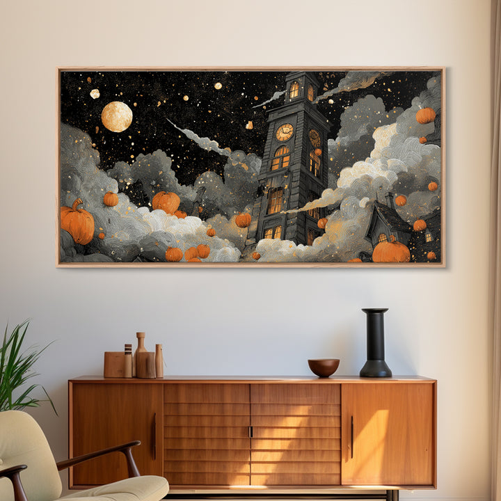 The October Clock Tower - Surreal Celestial Vision, Spooky Wall Decor, Wide Panoramic Art, Framed Canvas Print, Halloween Home Decor