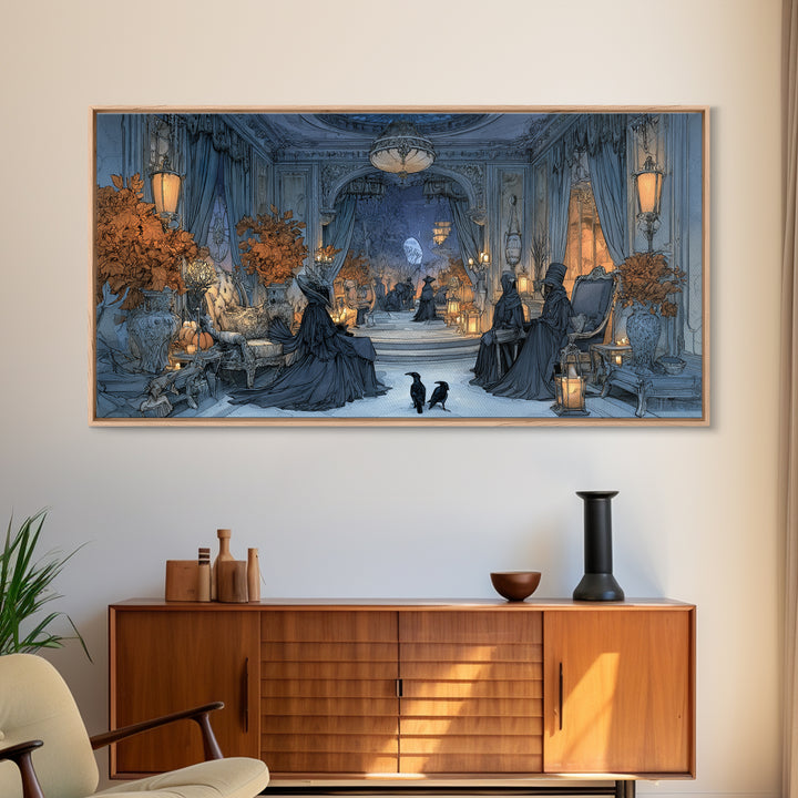 The Spider Queen Parlor - Procession Scene, Spooky Wall Decor, Wide Panoramic Art, Framed Canvas Print, Halloween Home Decor