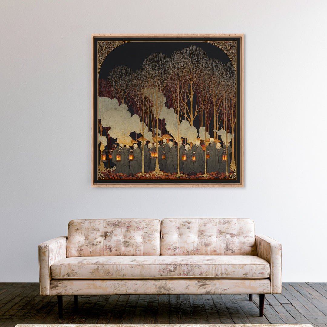 The Golden Funeral Procession - Icon Portrait, Spooky Wall Decor, Square Wall Art, Framed Canvas Print, Halloween Home Decor