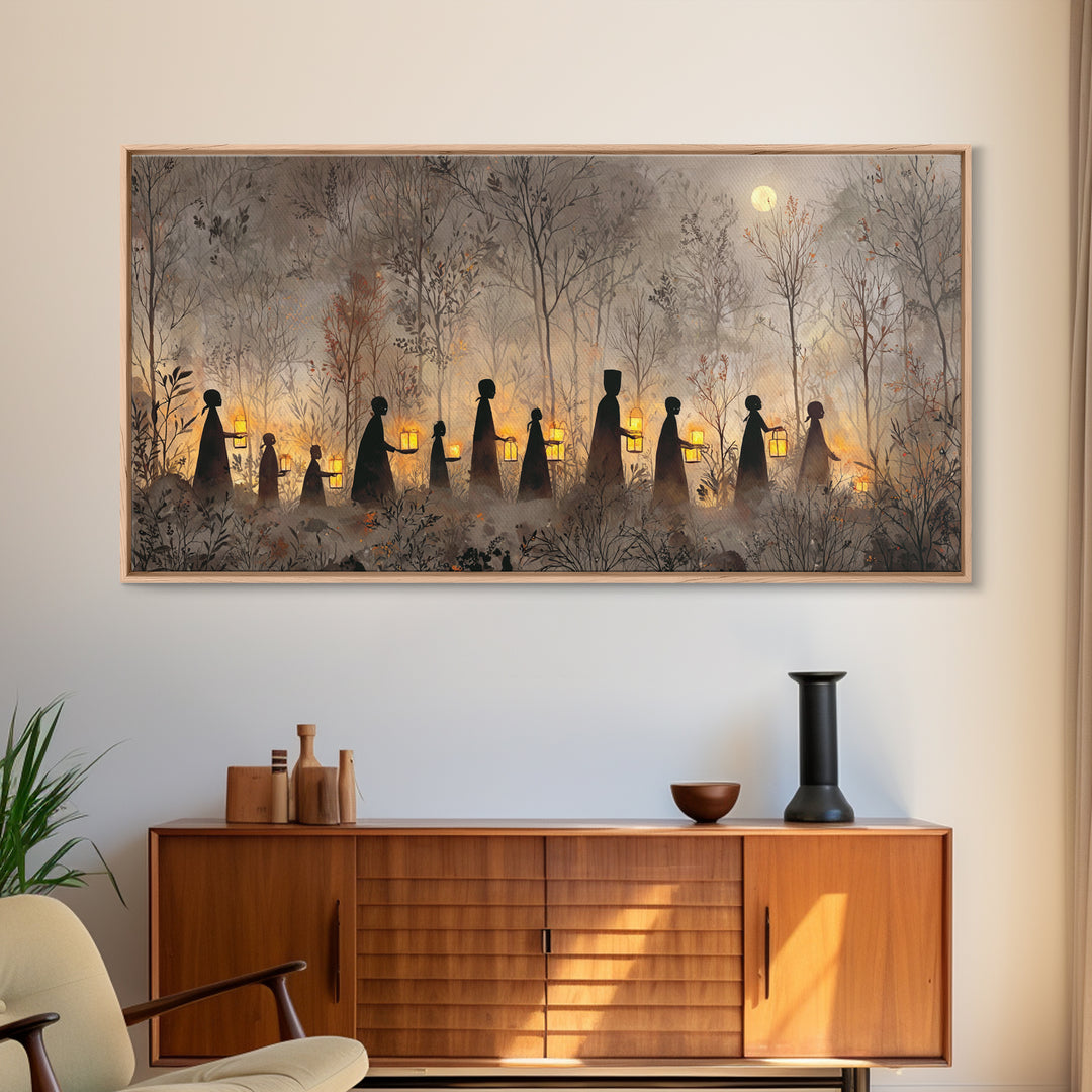 The Golden Funeral Procession - Icon Portrait, Macabre Halloween Art, Wide Panoramic Art, Framed Canvas Print, Halloween Home Decor