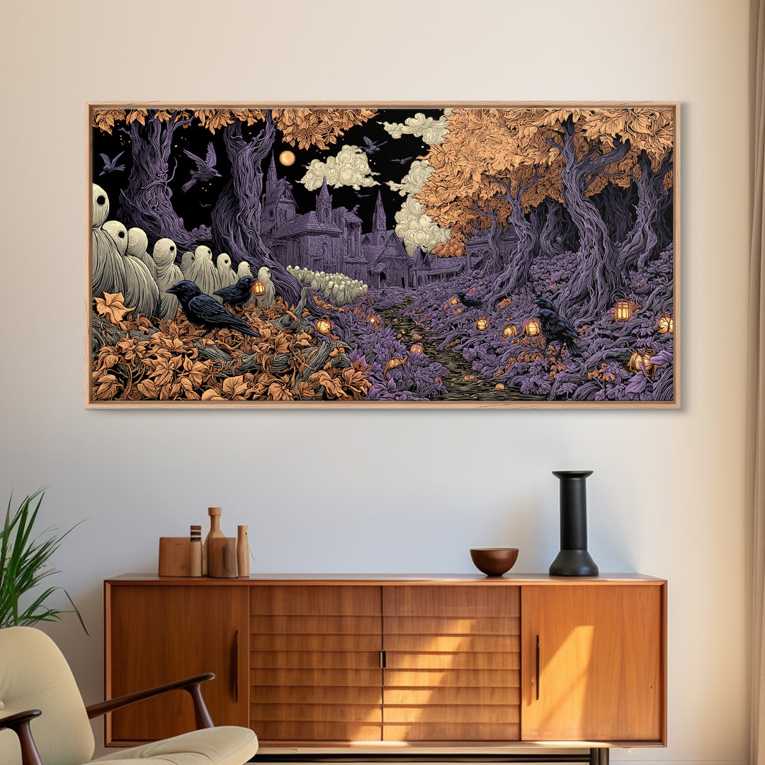 The Golden Funeral Procession - Environmental Panorama, Occult Wall Decor, Wide Panoramic Art, Canvas Print, Halloween Home Decor