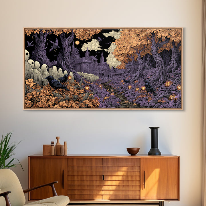 The Golden Funeral Procession - Environmental Panorama, Occult Wall Decor, Wide Panoramic Art, Canvas Print, Halloween Home Decor