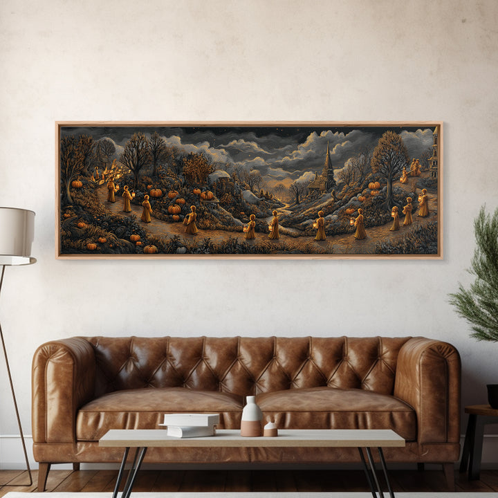 The Golden Funeral Procession - Environmental Panorama, Gothic Home Decor, Extra Wide Wall Art, Canvas Print, Halloween Home Decor