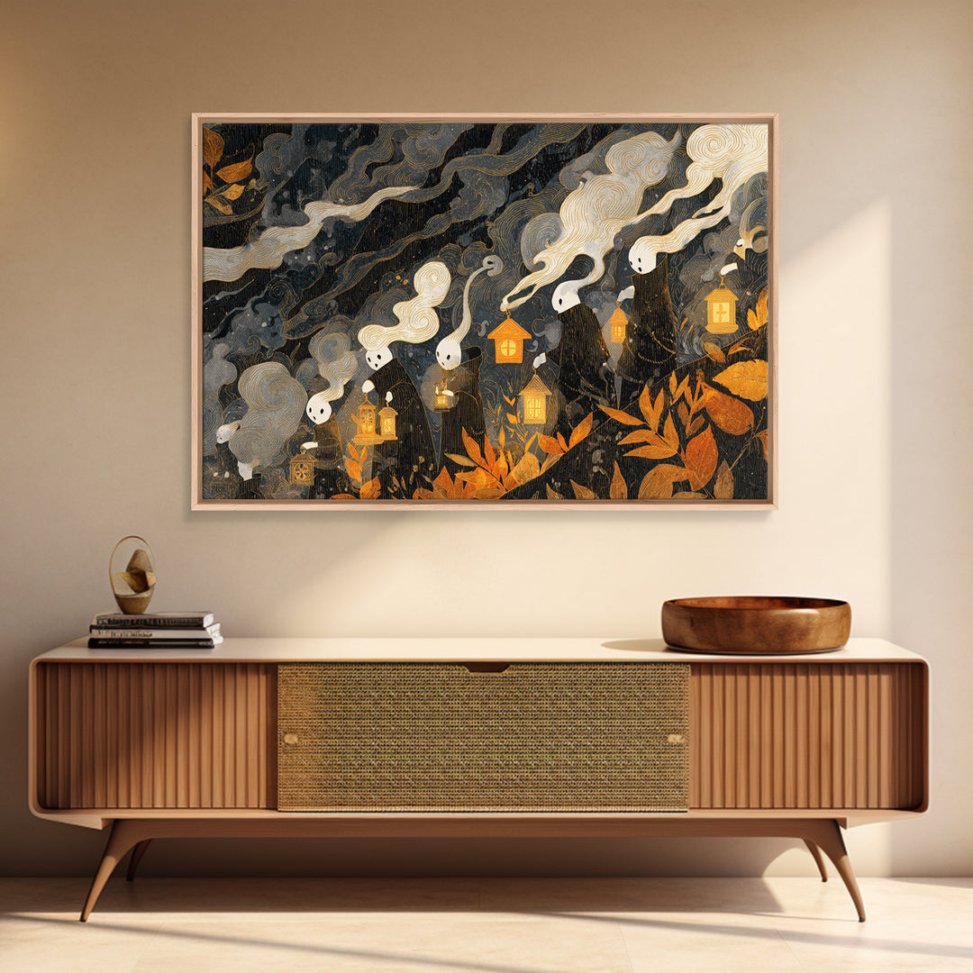 The Golden Funeral Procession - Procession Scene, Spooky Wall Decor, Landscape Wall Art, Framed Canvas Print, Halloween Home Decor