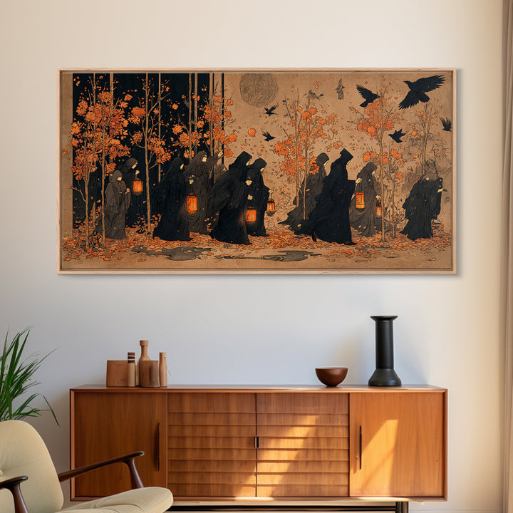 The Golden Funeral Procession - Procession Scene, Spooky Wall Decor, Wide Panoramic Art, Framed Canvas Print, Halloween Home Decor