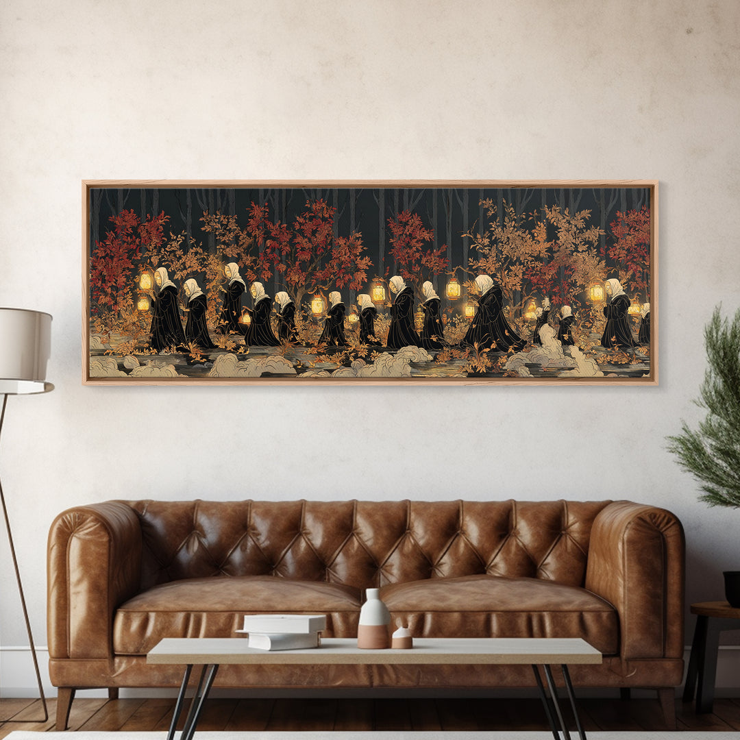 The Golden Funeral Procession - Procession Scene, Occult Wall Decor, Extra Wide Wall Art, Canvas Print, Halloween Home Decor