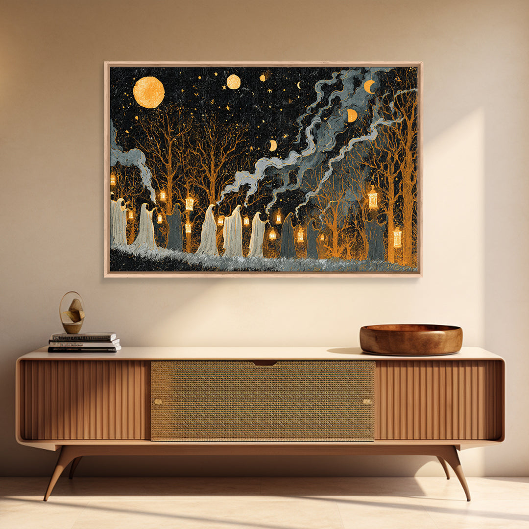 The Golden Funeral Procession - Surreal Celestial Vision, Occult Wall Decor, Landscape Wall Art, Canvas Print, Halloween Home Decor