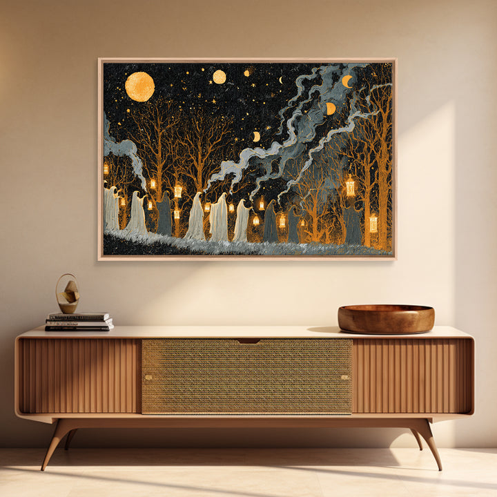 The Golden Funeral Procession - Surreal Celestial Vision, Occult Wall Decor, Landscape Wall Art, Canvas Print, Halloween Home Decor