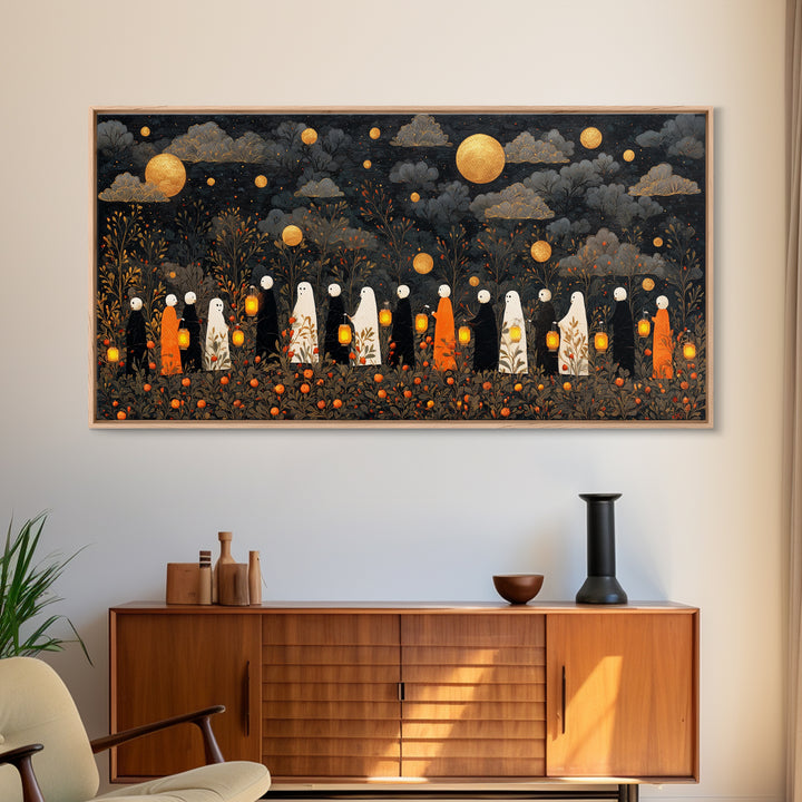 The Golden Funeral Procession - Surreal Celestial Vision, Dark Fantasy Wall Art, Wide Panoramic Art, Canvas Print, Halloween Home Decor