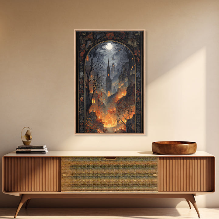 The Monster In The Mirror Cabinet - Environmental Panorama, Macabre Halloween Art, Vertical Wall Art, Framed Canvas Print, Gothic Wall Art