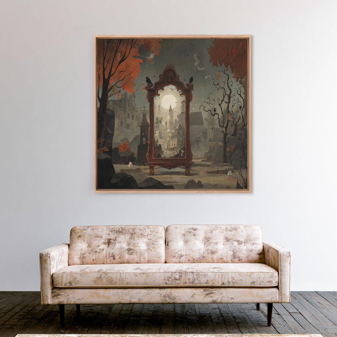 The Monster In The Mirror Cabinet - Environmental Panorama, Halloween Wall Art, Square Wall Art, Framed Canvas Print, Halloween Home Decor