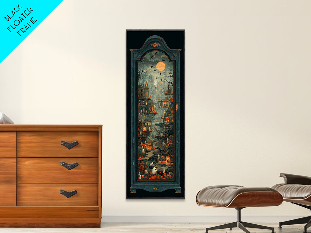 The Monster In The Mirror Cabinet - Environmental Panorama, Halloween Wall Art, Tall Narrow Wall Art, Framed Canvas Print, Gothic Wall Art
