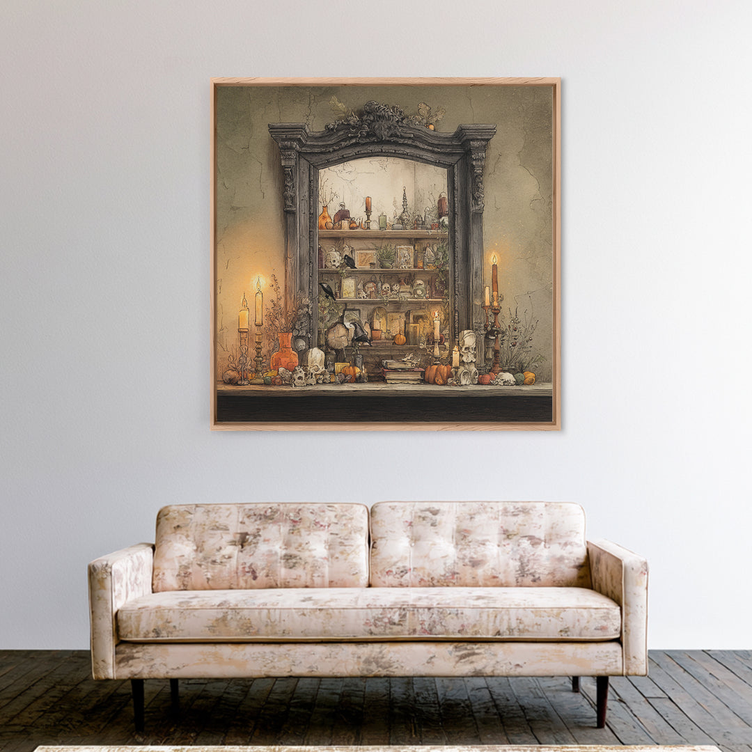 The Monster In The Mirror Cabinet - Occult Still Life, Dark Fantasy Wall Art, Square Wall Art, Canvas Print, Halloween Home Decor