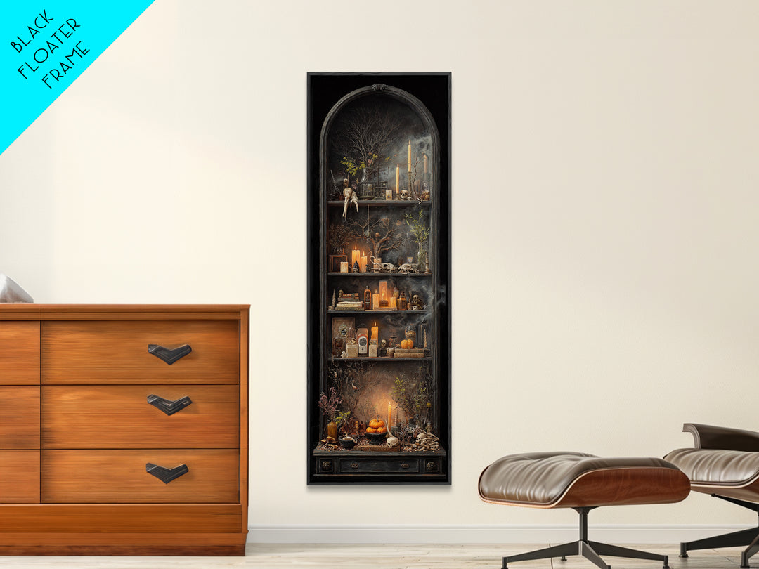 The Monster In The Mirror Cabinet - Occult Still Life, Dark Fantasy Wall Art, Tall Narrow Wall Art, Canvas Print, Halloween Home Decor