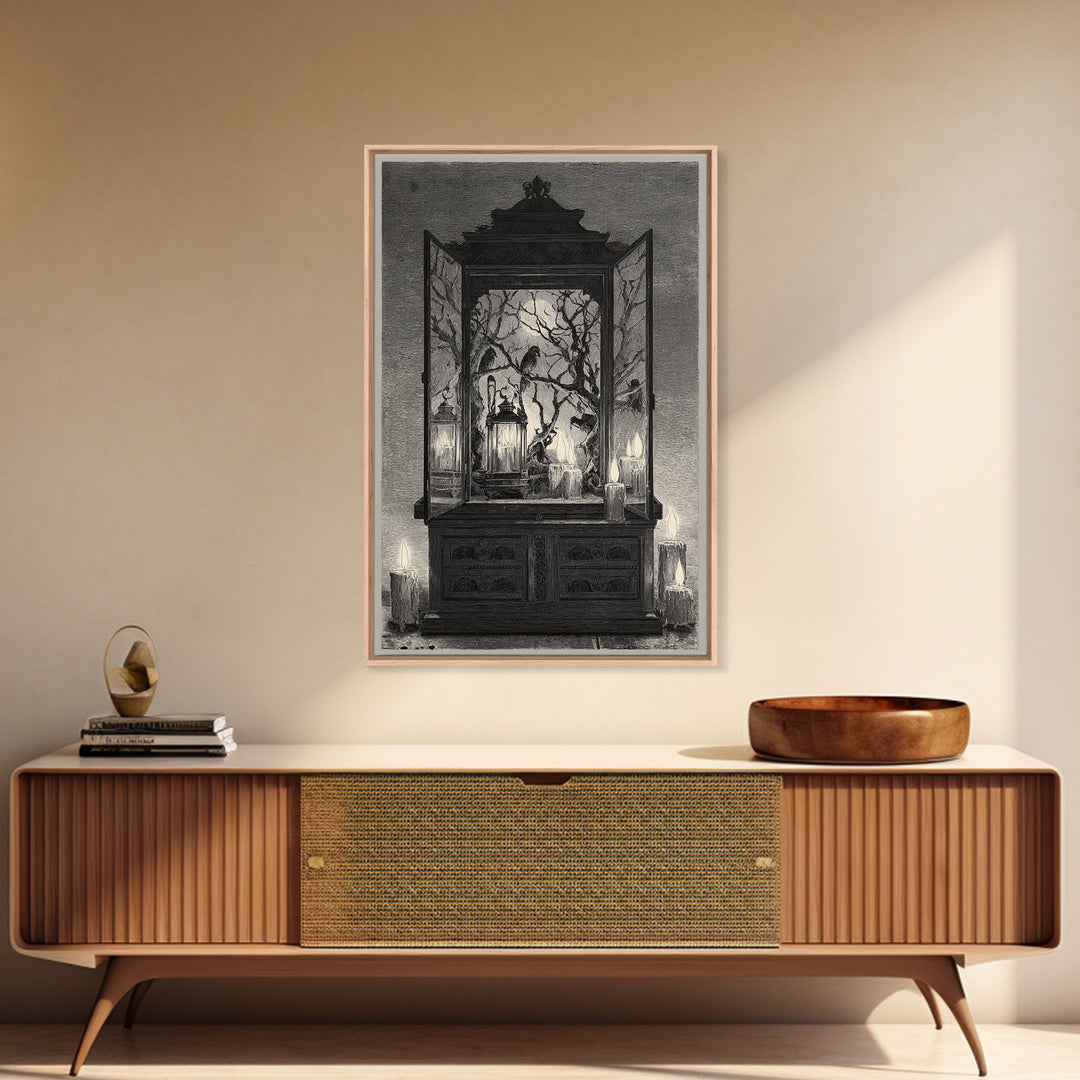 The Monster In The Mirror Cabinet - Procession Scene, Macabre Halloween Art, Vertical Wall Art, Framed Canvas Print, Halloween Home Decor