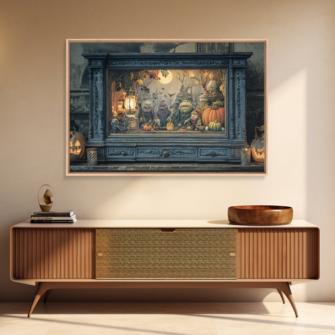 The Monster In The Mirror Cabinet - Procession Scene, Macabre Halloween Art, Landscape Wall Art, Framed Canvas Print, Halloween Home Decor