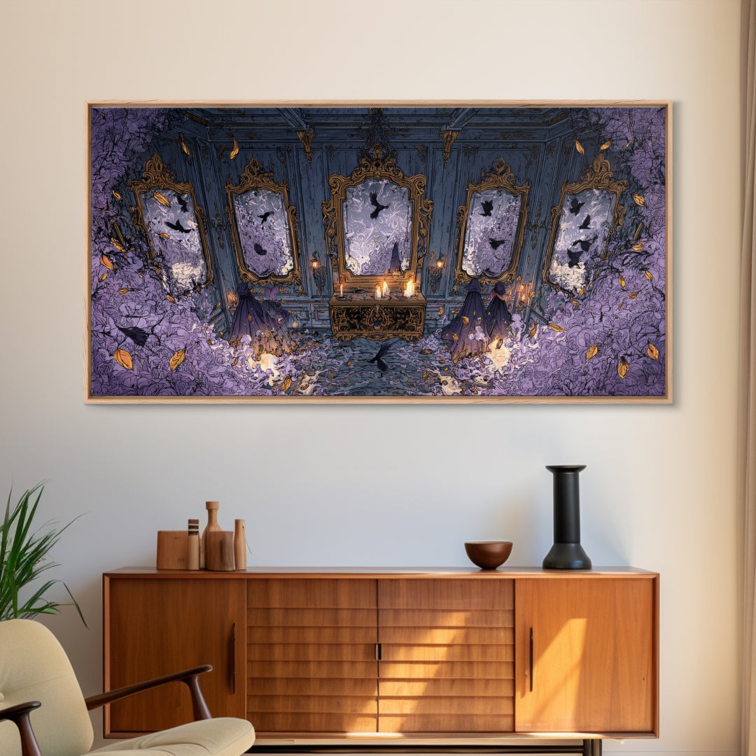 The Monster In The Mirror Cabinet - Procession Scene, Occult Wall Decor, Wide Panoramic Art, Canvas Print, Halloween Home Decor