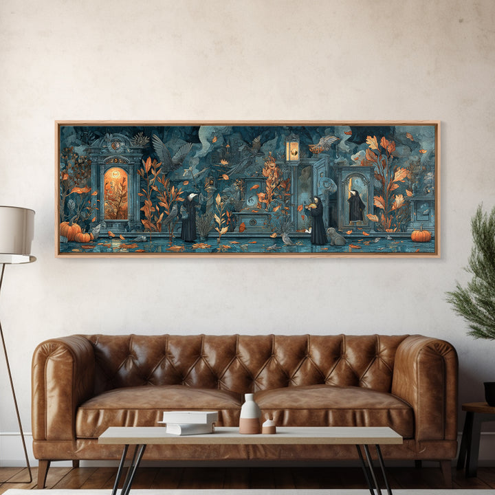 The Monster In The Mirror Cabinet - Procession Scene, Occult Wall Decor, Extra Wide Wall Art, Canvas Print, Halloween Home Decor