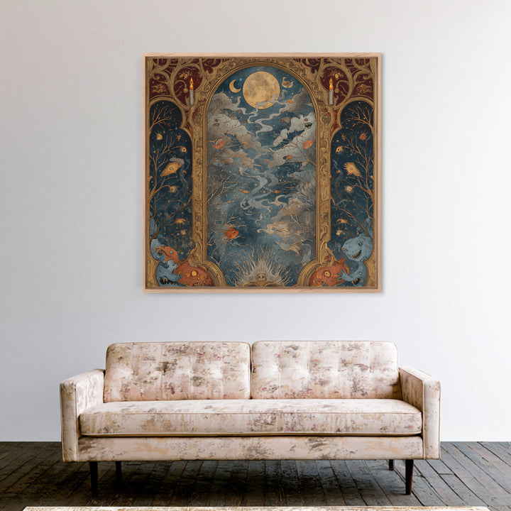 The Monster In The Mirror Cabinet - Surreal Celestial Vision, Macabre Halloween Art, Square Wall Art, Framed Canvas Print, Gothic Wall Art