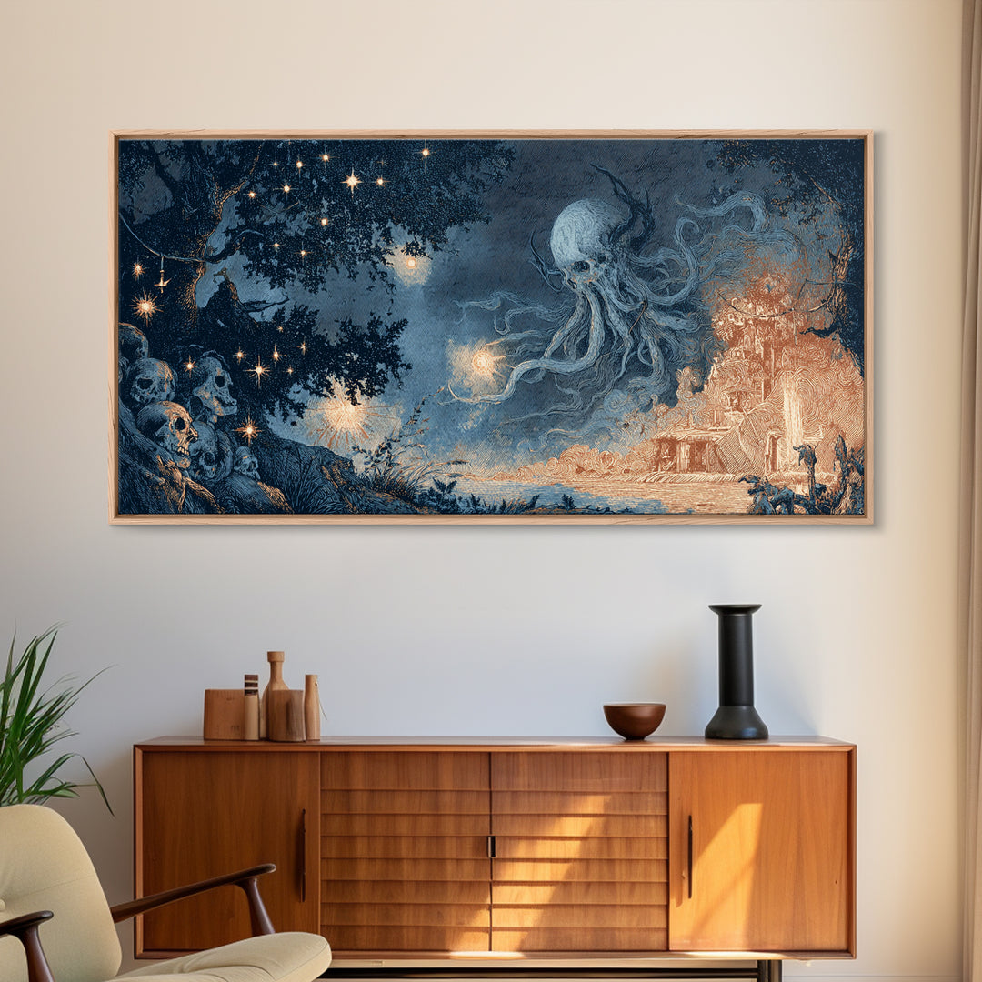 The Bellringer Of The Sunken Cathedral, Spooky Wall Decor, Wide Panoramic Art, Framed Canvas Print, Halloween Home Decor, Gothic Wall Art