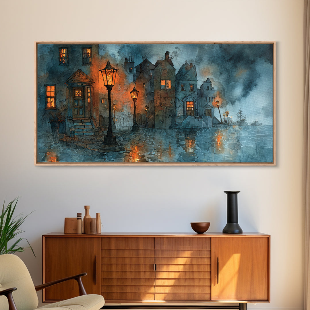 The Innsmouth Lantern Procession, Occult Wall Decor, Wide Panoramic Art, Framed Canvas Print, Halloween Home Decor, Gothic Wall Art