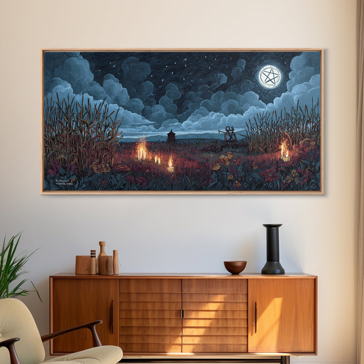 The Harvest Of The Eldritch Field, Occult Wall Decor, Wide Panoramic Art, Framed Canvas Print, Halloween Home Decor, Gothic Wall Art