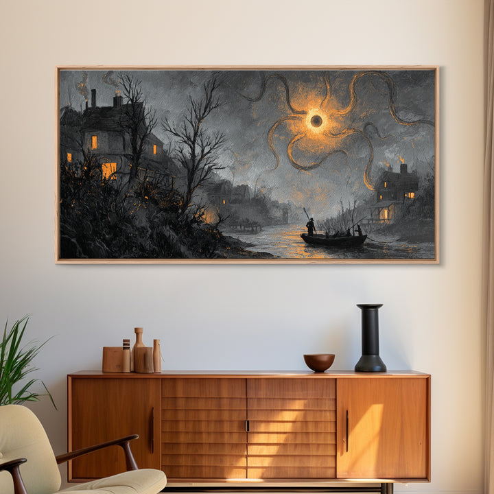 The Ferryman Of The Outer Marsh, Dark Fantasy Wall Art, Wide Panoramic Art, Canvas Print, Halloween Home Decor, Gothic Wall Art