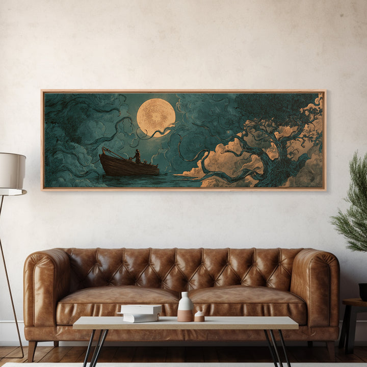 The Ferryman Of The Outer Marsh, Spooky Wall Decor, Extra Wide Wall Art, Framed Canvas Print, Halloween Home Decor, Gothic Wall Art