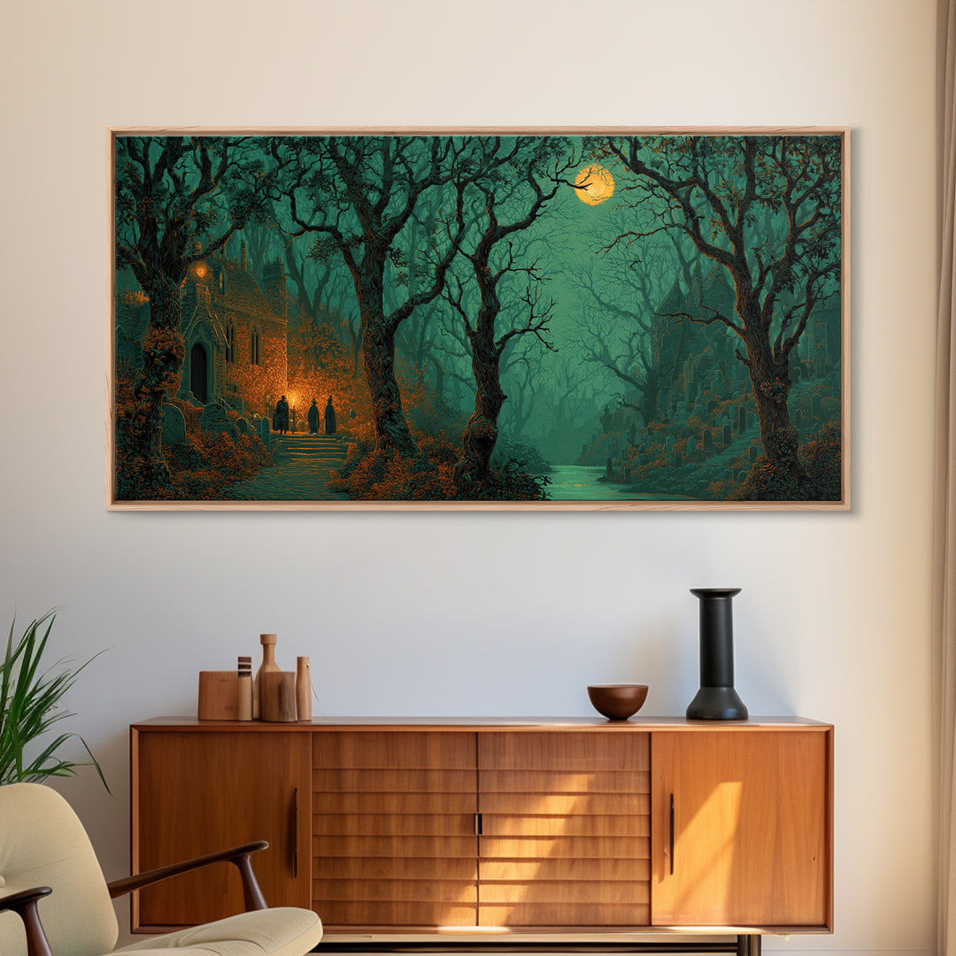 The Grave Gardener Of Yuggoth, Macabre Halloween Art, Wide Panoramic Art, Framed Canvas Print, Halloween Home Decor, Gothic Wall Art