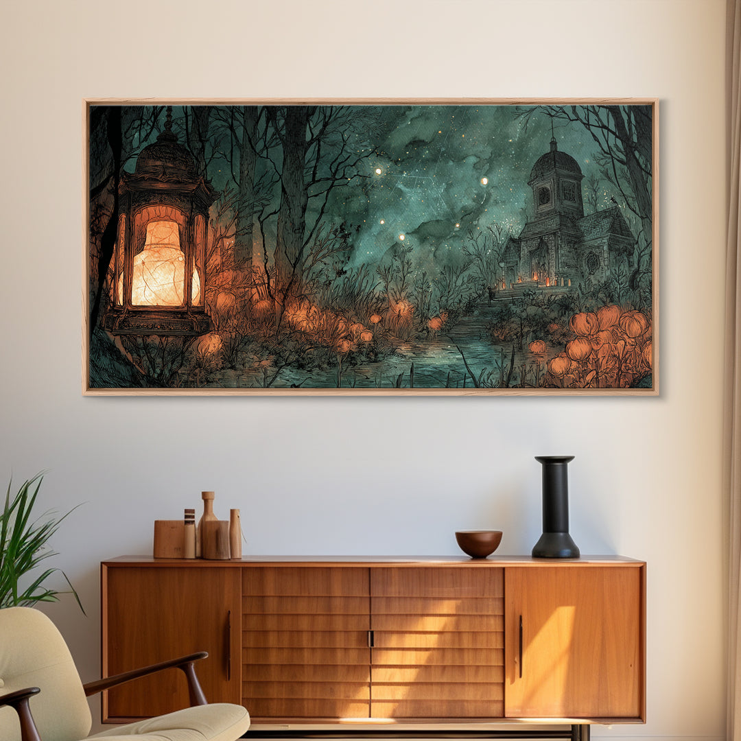 The Lantern Market Beyond The Veil, Eldritch Wall Art, Wide Panoramic Art, Canvas Print, Halloween Home Decor, Gothic Wall Art
