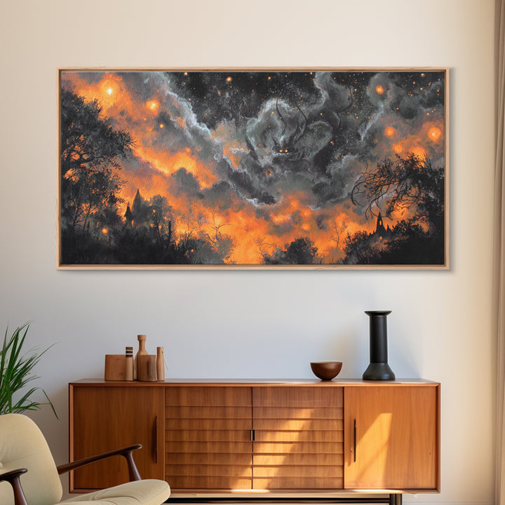 The Moth Prophet Of Kadath, Spooky Wall Decor, Wide Panoramic Art, Framed Canvas Print, Halloween Home Decor, Gothic Wall Art
