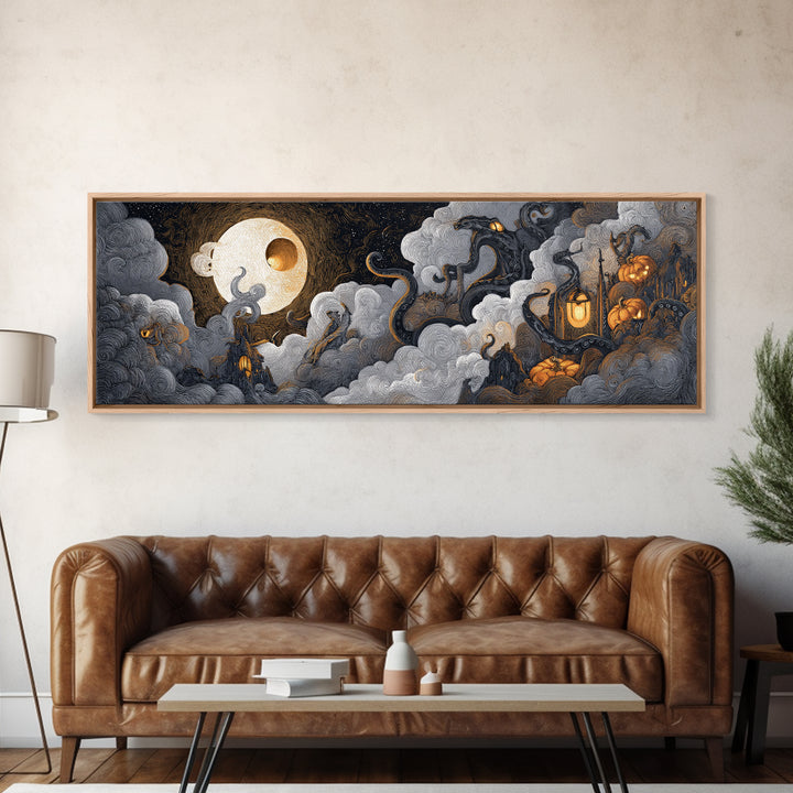 The Moonlit Shoggoth Menagerie, Macabre Halloween Art, Extra Wide Wall Art, Framed Canvas Print, Halloween Home Decor, Gothic Wall Art