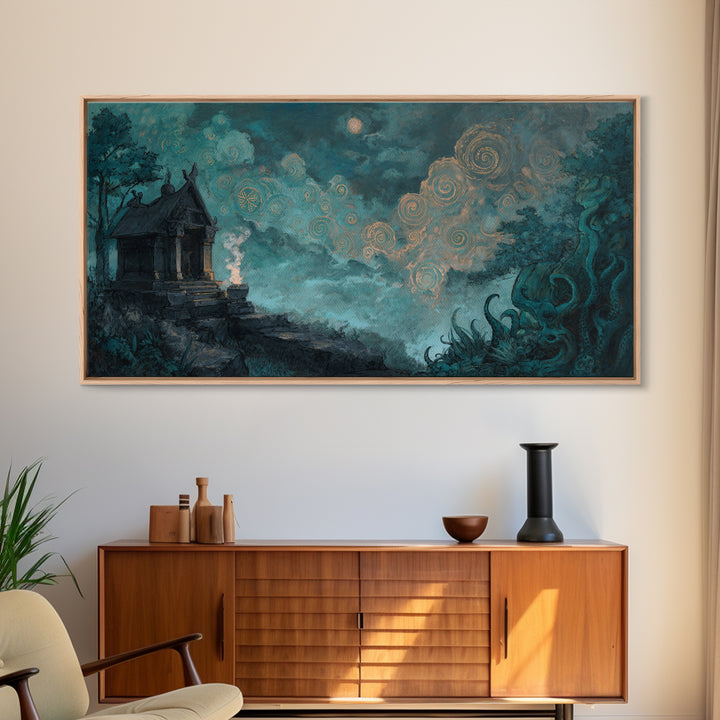 The Custodian Of The Whispering Idol, Cosmic Horror Decor, Wide Panoramic Art, Canvas Print, Halloween Home Decor, Gothic Wall Art