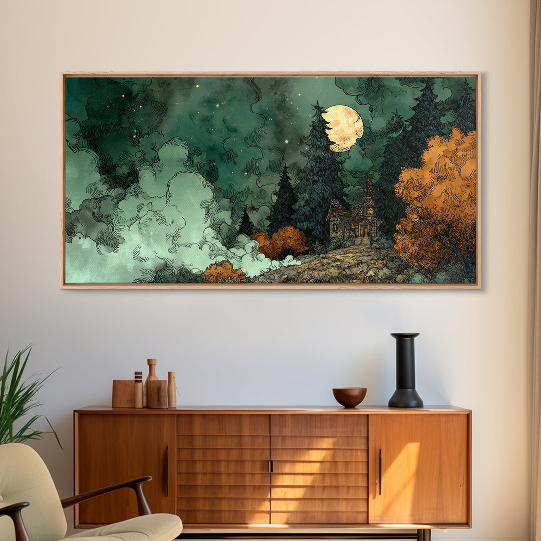 The Children Of The Star Orchard, Cosmic Horror Decor, Wide Panoramic Art, Canvas Print, Halloween Home Decor, Gothic Wall Art