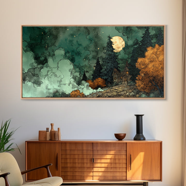 The Children Of The Star Orchard, Cosmic Horror Decor, Wide Panoramic Art, Canvas Print, Halloween Home Decor, Gothic Wall Art