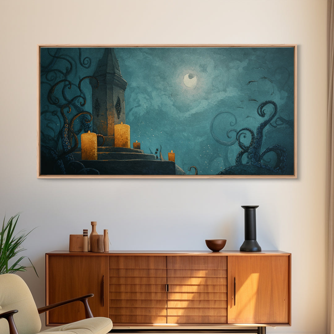 The Candelit Ark Of Forgotten Stars, Gothic Home Decor, Wide Panoramic Art, Framed Canvas Print, Halloween Home Decor, Gothic Wall Art
