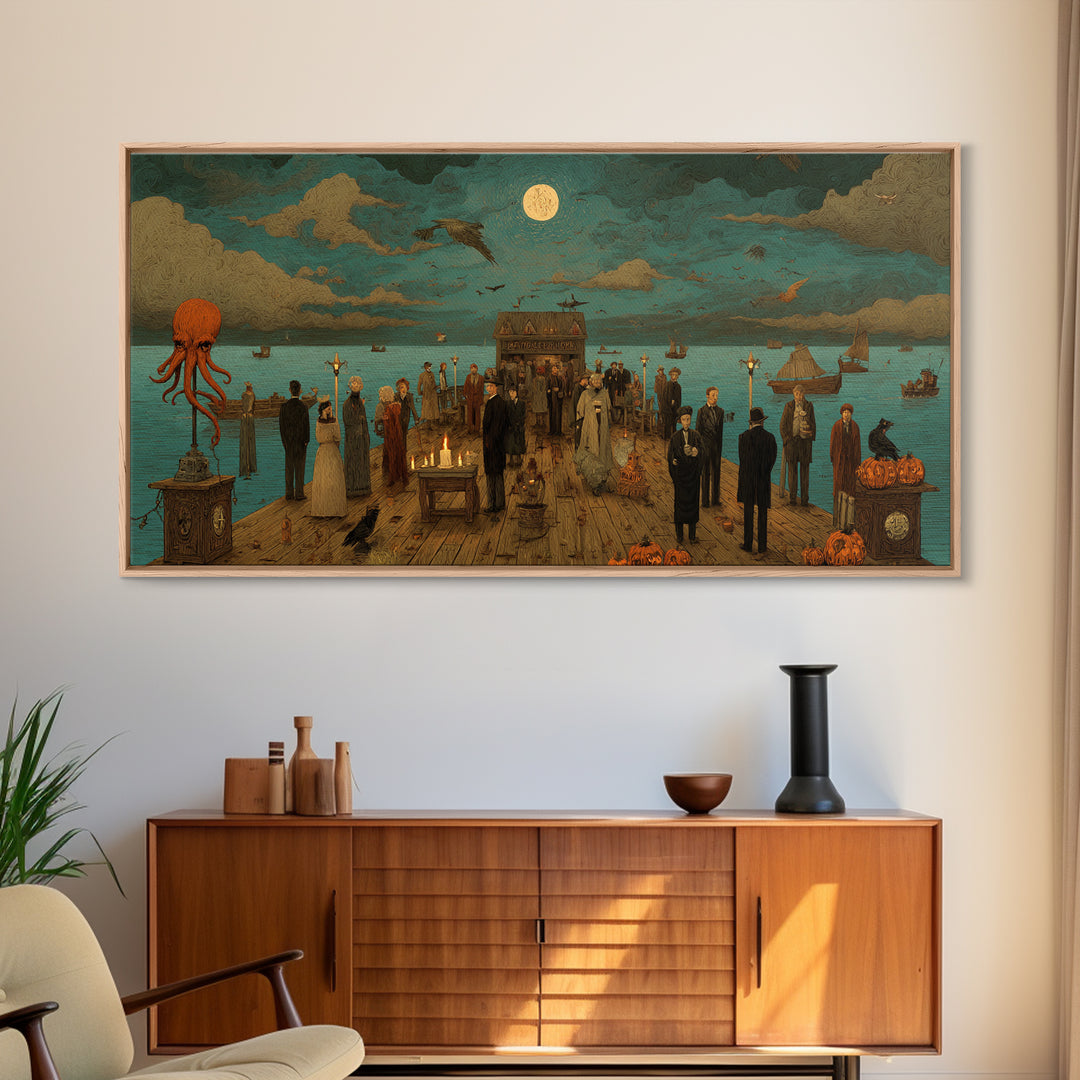 The Tea Party At Innsmouth Pier, Macabre Halloween Art, Wide Panoramic Art, Canvas Print, Halloween Home Decor, Gothic Wall Art