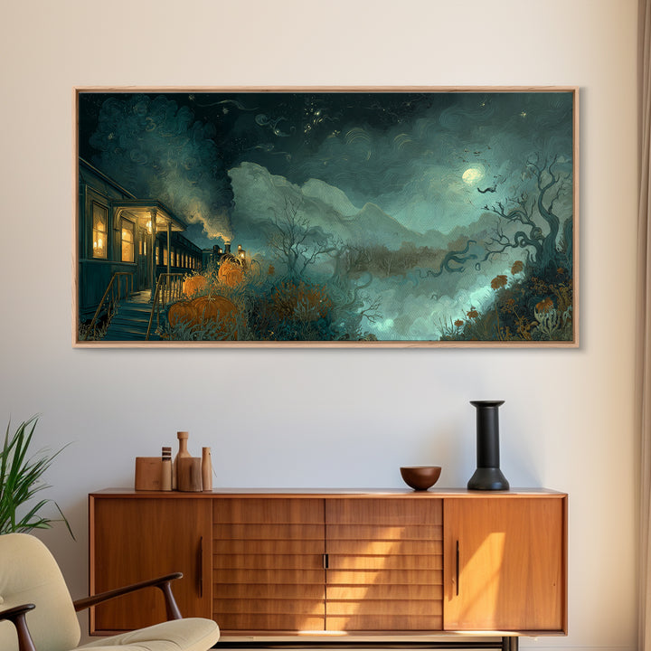The Phantom Train To Kadath, Dark Fantasy Wall Art, Wide Panoramic Art, Canvas Print, Halloween Home Decor, Gothic Wall Art, Horror Wall Art