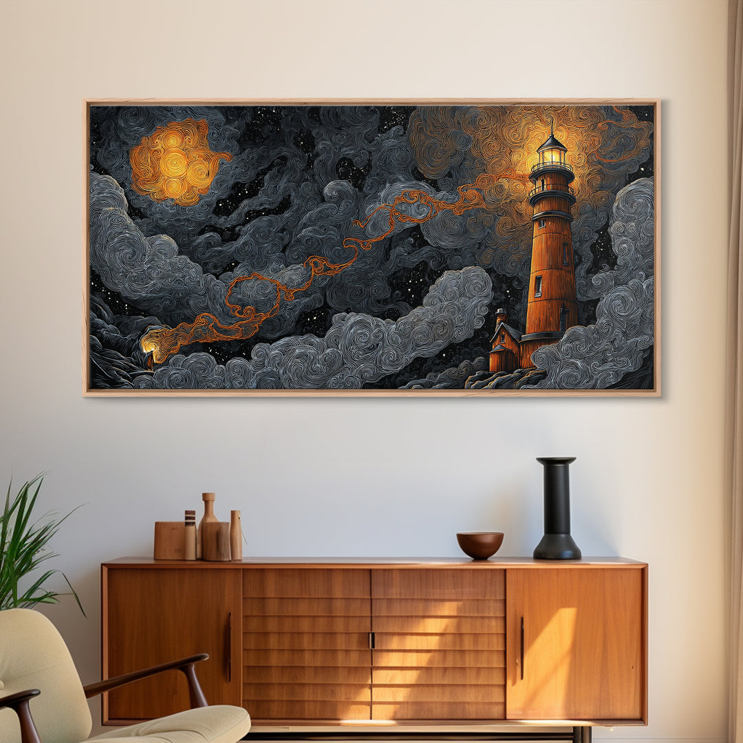The Last Lighthouse Of Y’Ha-Nthlei, Dark Fantasy Wall Art, Wide Panoramic Art, Framed Canvas Print, Halloween Home Decor, Gothic Wall Art
