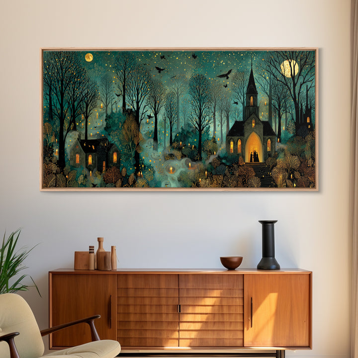 The Raven Sermon Of Leng, Halloween Wall Art, Wide Panoramic Art, Framed Canvas Print, Halloween Home Decor, Gothic Wall Art
