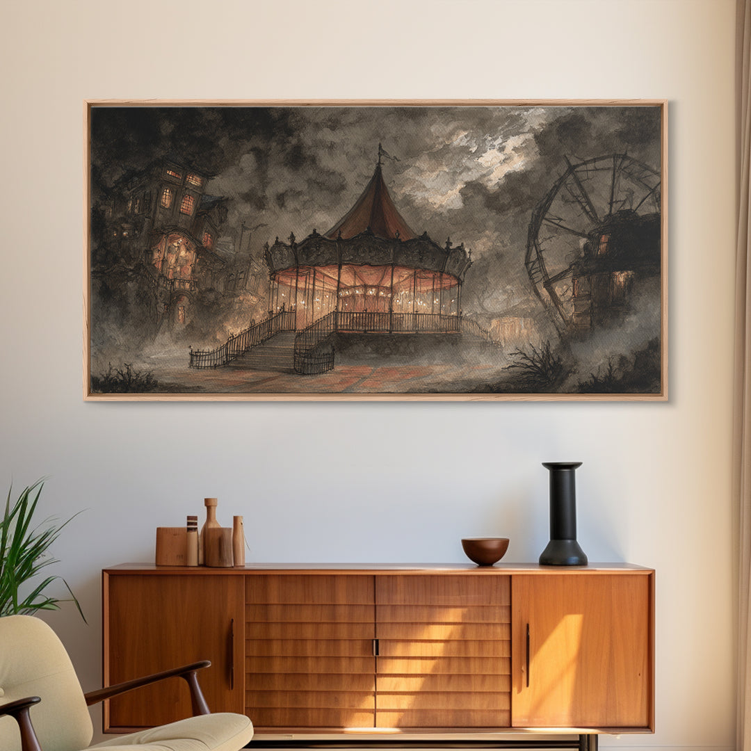 The Carousel Of Sleeping Planets, Macabre Halloween Art, Wide Panoramic Art, Framed Canvas Print, Halloween Home Decor, Gothic Wall Art