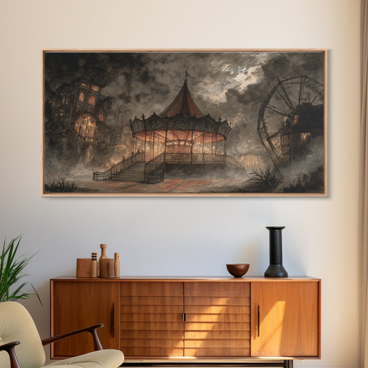 The Carousel Of Sleeping Planets, Macabre Halloween Art, Wide Panoramic Art, Framed Canvas Print, Halloween Home Decor, Gothic Wall Art
