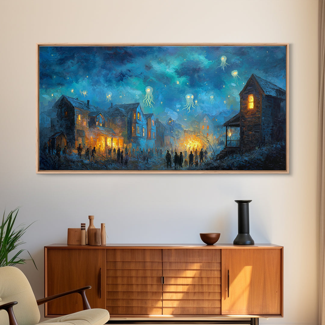 The Festival Of The Little Old Ones, Eldritch Wall Art, Wide Panoramic Art, Canvas Print, Halloween Home Decor, Gothic Wall Art