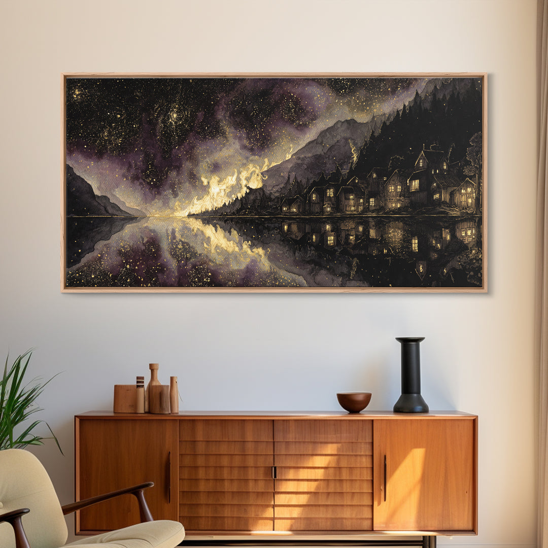 The Mirror Lake Of Lost Constellations, Macabre Halloween Art, Wide Panoramic Art, Canvas Print, Halloween Home Decor, Gothic Wall Art